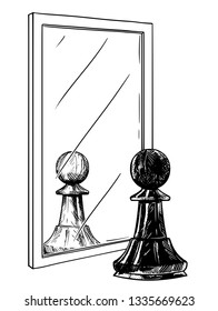 Cartoon drawing and conceptual illustration of black chess pawn reflecting in mirror as white. Metaphor of good and evil inside of human being.