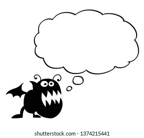 Cartoon drawing conceptual illustration of crazy flat black monster with empty text bubble or speech balloon ready for your text.
