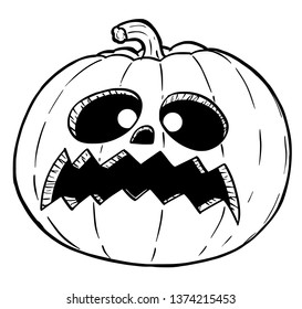 Cartoon drawing conceptual illustration of crazy Halloween monster pumpkin.