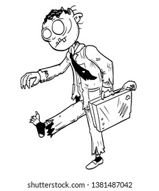 Cartoon drawing conceptual illustration of crazy Halloween monster zombie businessman with suit and briefcase.