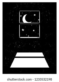 Cartoon drawing conceptual illustration of crescent or hornet moon shining through window on the room floor in night.