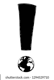 Cartoon drawing conceptual illustration of exclamation mark symbol with Earth world globe sphere as point.