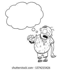 Cartoon drawing conceptual illustration of fat crazy Halloween monster zombie with empty speech bubble or text balloon.