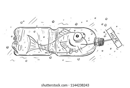 ペットやペットボトルに閉じ込められ ドイツの山を持つ魚のコンセプトイラストを描いた漫画 環境 水質汚染のコンセプト のベクター画像素材 ロイヤリティ フリー