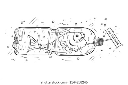 Cartoon Zeichnung konzeptuelle Illustration von Fischen, die in PET- oder Plastikflaschen gefangen sind und die französische au secours als Hilfszeichen halten. Konzept der Umwelt- und Wasserverschmutzung.