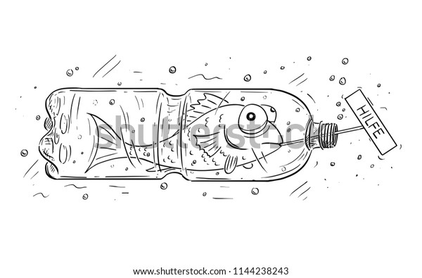 ペットやペットボトルに閉じ込められ ドイツの山を持つ魚のコンセプトイラストを描いた漫画 環境 水質汚染のコンセプト のベクター画像素材 ロイヤリティフリー