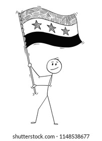 Cartoon drawing conceptual illustration of man waving the flag of Syrian Arab Republic or Syria.