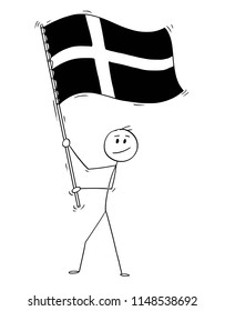 Cartoon drawing conceptual illustration of man waving the flag of Kingdom of Sweden.