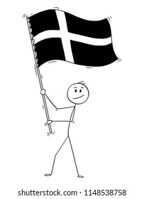 Cartoon drawing conceptual illustration of man waving the flag of Kingdom of Denmark.