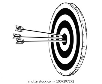 Cartoon drawing conceptual illustration of target, dartboard or clout with three bow arrows hits in center. Concept of success in business.