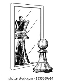 Cartoon drawing and conceptual illustration of white chess pawn reflecting in mirror as black queen. Metaphor of confidence.