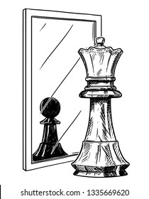 Cartoon drawing   conceptual illustration white chess queen reflecting in mirror as black pawn  Metaphor confidence 