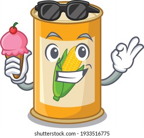 A cartoon drawing of corn tin holding cone ice cream