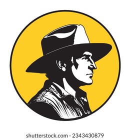 Cartoon drawing of a cowboy in vintage style inside a yellow circle. Vector illustration isolated on white background.