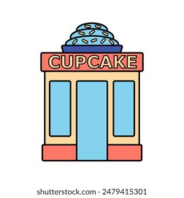 A cartoon drawing of a cupcake building with a blue and white sign that says Cupcake