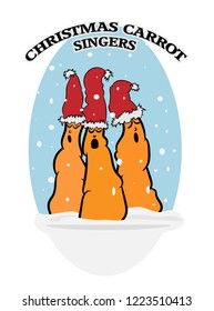 Cartoon drawing of cute Christmas Carrot Singers in a snow landscape, vector illustration