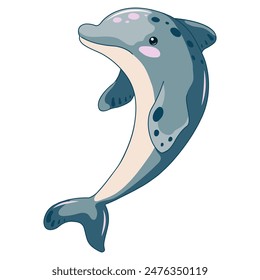 Cartoon drawing of a cute dolphin on a white background. Sea animal vector illustration for prints, textiles, children s clothing design, prints, cards, stickers