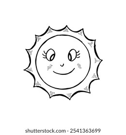 Dibujo de dibujos animados de un lindo doodle cara sonriente de un sol amistoso.