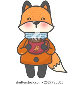 A cartoon drawing of a cute orange fox wearing an orange shirt and a blue scarf, holding a glass of iced cocoa. during the autumn It is a hand painted picture. Use as illustrations or stickers.