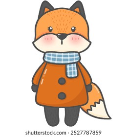 A cartoon drawing of a cute orange fox wearing an orange shirt and a blue scarf in a standing position. during the autumn It is a hand painted picture. Use as illustrations or stickers.