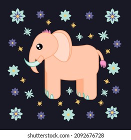Cartoon drawing of a cute pink elephant . A beautiful kind children's drawing in pastel colors on a contrasting dark background with delicate flowers.