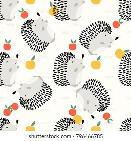 Cartoon drawing cute vector illustration, seamless pattern of graphic spiky hedgehog with apple. Colorful urchin animal pattern for fabric, textile, wallpaper, paper, wrapping or card. Doodle element.