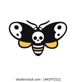 Cartoon drawing of Death's head hawkmoth, moth with skull shape. Creepy Halloween doodle, tattoo design. Isolated vector clip art illustration.