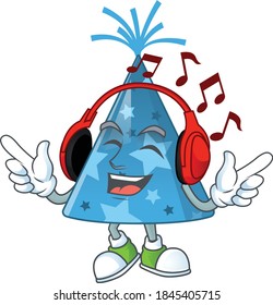 Cartoon drawing design of blue party hat listening to the music with headset. Vector illustration