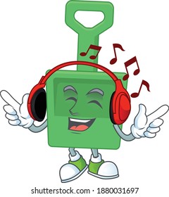 Cartoon drawing design of green sand bucket listening to the music with headset. Vector illustration