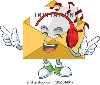 Cartoon drawing design of invitation message listening to the music with headset. Vector illustration
