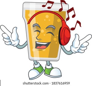 Cartoon drawing design of mug of beer listening to the music with headset. Vector illustration