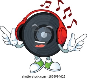 Cartoon drawing design of music viynl disc listening to the music with headset. Vector illustration