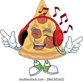 Cartoon drawing design of slice of pizza listening to the music with headset. Vector illustration