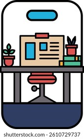 A cartoon drawing of a desk with a chair, a computer, a plant, and a book. The desk is set up for work or study, with a computer monitor and keyboard on the desk