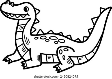 Dibujo animado de un dinosaurio con una gran sonrisa en su cara. El dinosaurio está de pie sobre sus patas traseras y tiene una boca abierta, como si estuviera a punto de comer algo. La escena es alegre y juguetona