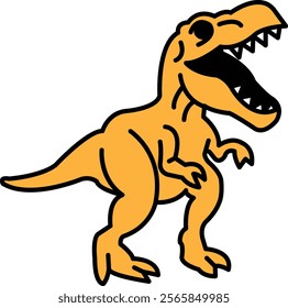 A cartoon drawing of a dinosaur with its mouth open. The dinosaur is orange and black