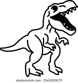 A cartoon drawing of a dinosaur with its mouth open. The dinosaur is black and white. The drawing is simple and playful