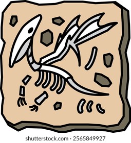 A cartoon drawing of a dinosaur skeleton on a rock. The skeleton is missing its head and tail, and the rock is covered in small rocks