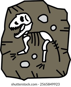 A cartoon drawing of a dinosaur skeleton is sitting in a pile of rocks. The skeleton is missing its head and has a menacing look on its face. Concept of mystery and intrigue