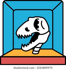 A cartoon drawing of a dinosaur skull in a display case. The skull has a mouth open, and the case is blue and white. Concept of curiosity and wonder about the ancient creature