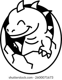 A cartoon drawing of a dinosaur with a smile on its face