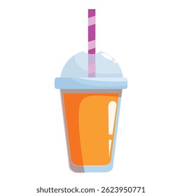 Cartoon drawing of a disposable to go cup holding a refreshing orange colored beverage with a purple straw