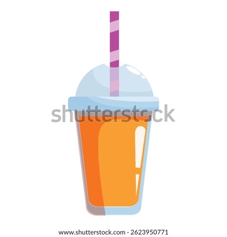 Cartoon drawing of a disposable to go cup holding a refreshing orange colored beverage with a purple straw