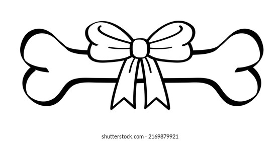 Cartoon drawing dog bone with bow and knot icon or pictogram. Vector dog bones as a gift with ribbon. Bite sign. Hound logo or symbol. Sale concept. Deal and ribbons. For dog bowl.