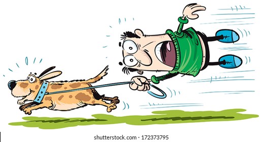 Cartoon drawing of a dog running in the park and pulling his owner along.