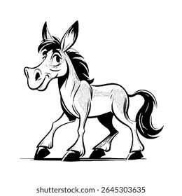 A cartoon drawing of a donkey, isolated on a white background. The donkey is a domestic animal often used on farms. The drawing is in black and white.