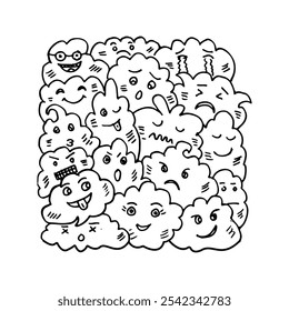 Cartoon drawing doodle clouds with cute and fun facial expressions.