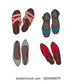 Cartoon drawing in Doodle style of four multi-colored pairs of women's shoes
