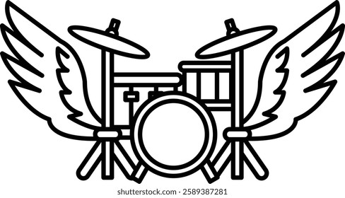 A cartoon drawing of a drum set with wings on either side