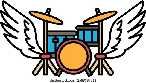A cartoon drawing of a drum set with wings on either side